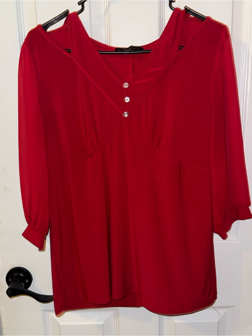 Women's Red V-Neck Blouse with Rhinestone Buttons